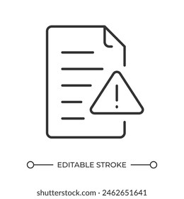 Icono lineal de error de archivo. Icono de documento y exclamación. Datos dañados. Problema digital. Símbolo de alerta. Riesgo de pérdida de datos. Ilustración de línea fina. Símbolo de contorno. dibujo de contorno de Vector. Trazo editable