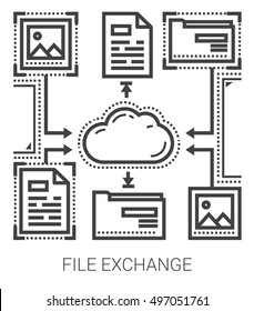 File exchange infographic metaphor with line icons. Project file exchange concept for website and infographics. Vector line art icon isolated on white background.