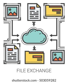 File exchange infographic metaphor with line icons. Project file exchange concept for website and infographics. Vector line art icon isolated on white background.