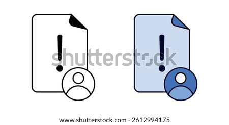 File with exclamation and user icon. Symbol for user file warning, error notification, or permission issue. Includes outline and color versions for UI and system alerts.