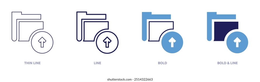 Icono de exportación de archivos en 4 estilos diferentes. Línea delgada, línea, negrita y línea negrita. Estilo duotono. Trazo editable.