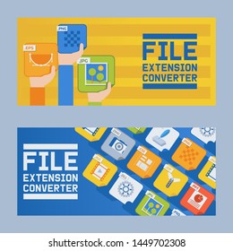 File extension converter set of banners vector illustration. Audio, photo, image, word file type. Document format. Pictogram. Web and multimedia. People hands holding icons.