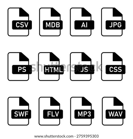 File extension format icon set including CSV MBD AI JPG PS HTML JS CSS MP3 WAV vector illustration.