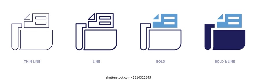 Icono de extensión de archivo en 4 estilos diferentes. Línea delgada, línea, negrita y línea negrita. Estilo duotono. Trazo editable.