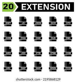 File extension icon set include dwt, js, json, dcr, stc, awm, cha, gne, rjs, dml, aro, jss, p7b, stml, chm, url, dap, w4p, wsdl, fcgi, file, document, extension, icon, type, set, format