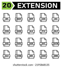 File extension icon set include br, maff, wpp, cer, do, con, sass, alx, p12, jnlp, axd, php4, adr, sht, shtm, olp, strm, srf, chat, dbm, file, document, extension, icon, type, set, format, vector