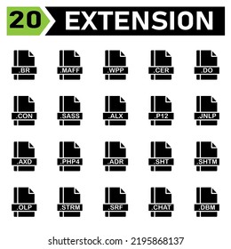 File extension icon set include br, maff, wpp, cer, do, con, sass, alx, p12, jnlp, axd, php4, adr, sht, shtm, olp, strm, srf, chat, dbm, file, document, extension, icon, type, set, format, vector