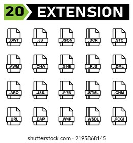 File extension icon set include dwt, js, json, dcr, stc, awm, cha, gne, rjs, dml, aro, jss, p7b, stml, chm, url, dap, w4p, wsdl, fcgi, file, document, extension, icon, type, set, format