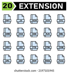 File extension icon set include dwt, js, json, dcr, stc, awm, cha, gne, rjs, dml, aro, jss, p7b, stml, chm, url, dap, w4p, wsdl, fcgi, file, document, extension, icon, type, set, format