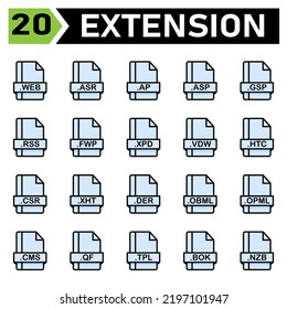 File extension icon set include web, asr, ap, asp, gsp, rss, fwp, xpd, vdw, htc, csr, xht, der, obml, opml, cms, qf, tpl, bok, nzb, file, document, extension, icon, type, set, format, vector, symbol