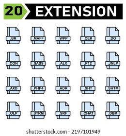 File extension icon set include br, maff, wpp, cer, do, con, sass, alx, p12, jnlp, axd, php4, adr, sht, shtm, olp, strm, srf, chat, dbm, file, document, extension, icon, type, set, format, vector