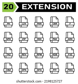 Zu den Dateierweiterung gehören PA, lza, par, cbr, f, npk, zip, r00, pak, ark, taz, rev, rpm, kgb, f3z, cbz, opk, sfg, pwa, file, document, extension, icon, type, set, format, vektorsymbol