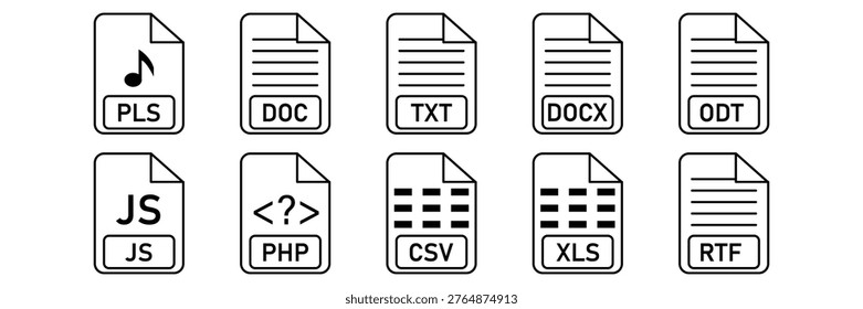 File extension icon set of outline documents spreadsheets and code formats including pls doc txt  rtf vector illustration.