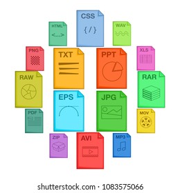 File extension icons set. Cartoon illustration of 16 file extension vector icons for web