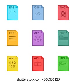 File extension icons set. Cartoon illustration of 9 file extension vector icons for web