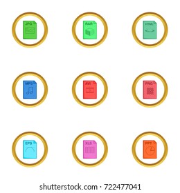 File extension icons set. Cartoon style set of 9 file extension vector icons for web design