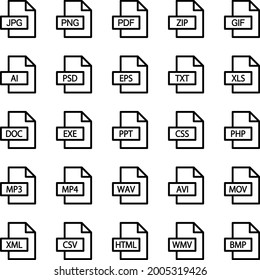 File extension monochrome icons set.