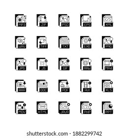 File extensions black linear icons set. Different types. Text, audio, video, compression, executable files. Storing and transport data. Glyph contour symbols. Vector isolated outline illustrations