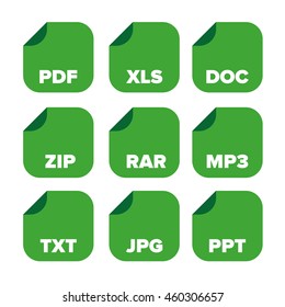 file extensions icons set: pdf, xls, doc, zip, rar, mp3, txt, jpg, ppt