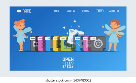 File extensions icons web design banner vector illustration. Open files easily. Fairies with magic wands helping to open psd format. Wav, png, txt, avi, jpg, html, css, dll documents.