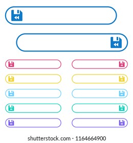 File fast backward icons in rounded color menu buttons. Left and right side icon variations.