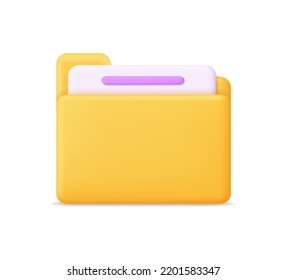 File Folder. 3d Icon Of Folder With Document. Office Paper For Mail, Project, Archive And Business. Concept Of Data And Information. Online Directory In Computer. Vector Illustration.