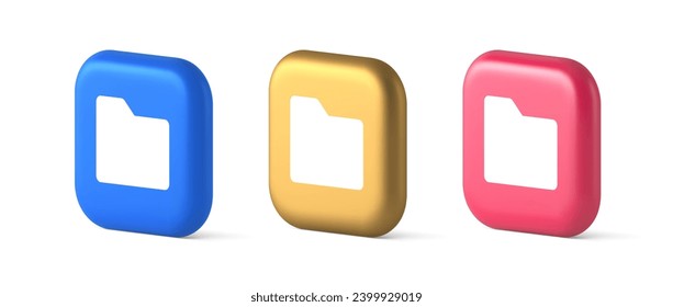 File folder archive directory button cyberspace digital document storage organizing 3d realistic blue gold and pink icons. Data information organization business network web app