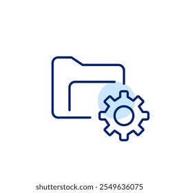 Carpeta de archivos y rueda dentada. Datos operativos, configuración del sistema y Configuraciones. Icono de trazo perfecto y editable del píxel