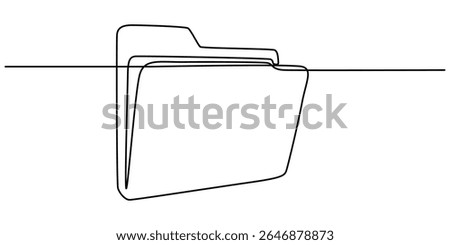 File folder continuous one line drawing, One continuous line drawing of a file folder icon. Minimal document symbol in linear outline style. Simple archive vector illustration. Modern single line.