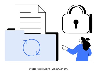 File folder with a document, circular sync arrows, a padlock, and person pointing up. Ideal for data organization, security, document management, synchronization, technology. Clean, modern