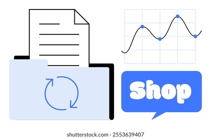 A file folder with a document, a graph showing data trends, and a speech bubble with Shop text. Ideal for business analytics, data management, online shopping, retail analysis, and e-commerce