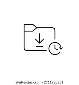 Carpeta de archivos con flecha de Descarga y reloj. Copia de seguridad programada, historial de datos. Icono de Vector de trazo perfecto y editable