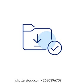 File folder with download symbol and checkmark. Secure data access. Pixel perfect, editable stroke vector icon
