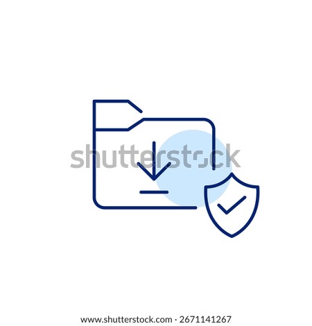 File folder, download symbol with shield and checkmark. Verified download security, trusted file transfer, secure document access. Pixel perfect, editable stroke vector icon