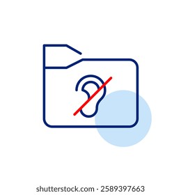 File folder and ear crossed out. No audio files, privacy protection. Pixel perfect, editable stroke vector icon