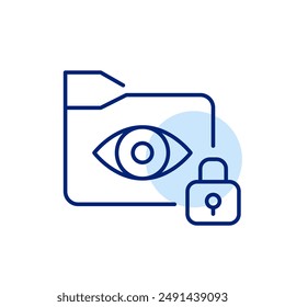 Dateiordner, Auge und Sperre. Zugriff auf vertrauliche Daten. Sichtbarkeit geschützter Dateien. Pixel perfektes, bearbeitbares Strichsymbol