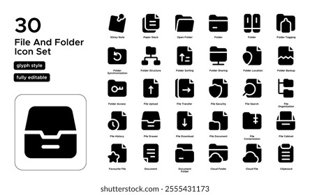 File and Folder Glyph Icon Set: Data Storage, Archiving, and Document Organization Icons