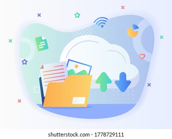 File folder icon background upload download cloud file management concept modern flat style.