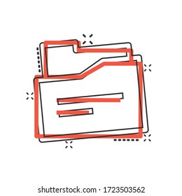 Dateiordnersymbol im Comic-Stil. Dokumente archivieren Cartoon, Vektorgrafik auf isoliertem Hintergrund. Speichersplash-Effekt-Geschäftskonzept