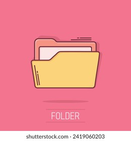 File folder icon in comic style. Documents archive vector cartoon illustration on isolated background. Storage splash effect business concept.