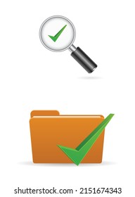 file folder icon and magnifying glass with check mark 3d icon set