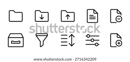file folder icon set for document storage organization download upload data filter sort and management design