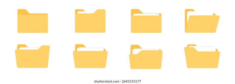 File and folder icon set. Yellow digital folder. Open and closed directory icon. Folder icon set. Vector illustration.