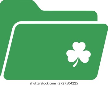 Ícone da pasta de arquivos com símbolo de trevo de trevo. Ilustração vetorial plana para armazenamento de documentos, interface do usuário do sistema e designs digitais com tema irlandês, isolados sobre fundo branco.