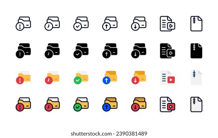 Juego de iconos de archivo y carpeta, Juego de herramientas de oficina, alerta, hora, aprobado, cargar, descargar, video, zip, iconos