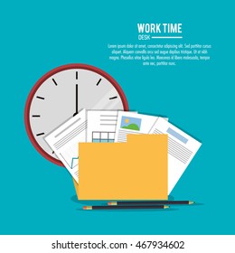 File Folder Infographic Document Pencil Clock Office Work Time Supply Icon. Colorfull And Flat Illustration, Vector