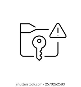 File folder, key and hazard alert. Security risk in file management and data protection. Critical notice. Pixel perfect vector icon