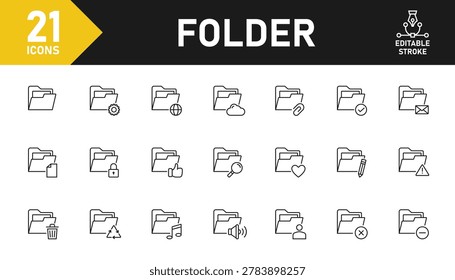 File folder line icon set. Set of 21 outline icons related to file, folder, document, datum, storage and others. Editable stroke. Vector illustration.