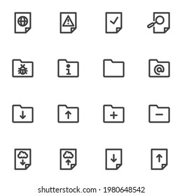 File and folder line icons set, outline vector symbol collection, linear style pictogram pack. Signs, logo illustration. Set includes icons as download file, document folder, archive search 