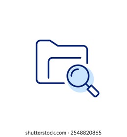 File folder and magnifying glass. Data retrieval and examination. Pixel perfect, editable stroke icon
